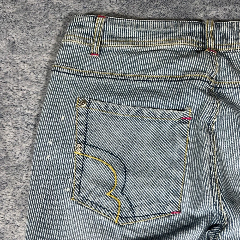 Vintage Rocawear‎ Pinstripe Paint Splatter Flare Jeans Blue White Juniors Size 9